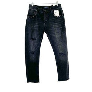NWT Zara Relaxed Fit Distressed Studded Raw Hem Jeans Black Size 4 NEW D1664